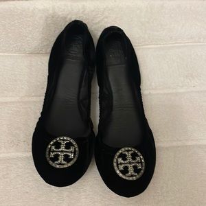 Tory Burch "Violet Ballet Flats" Black Velvet w/Crystals